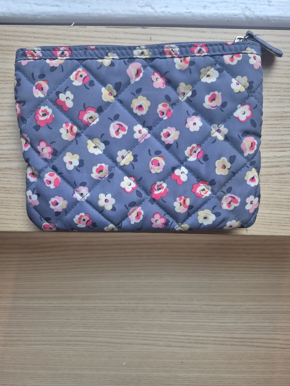 Cath Kidston Quilted Floral Pouch in Slate Blue with Pink & Cream Flowers